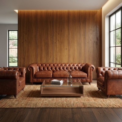 Ensemble de canapés 3+1+1 places, Canapé Chesterfield en cuir de luxe classique