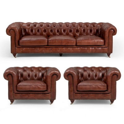 Ensemble de canapés 3+1+1 places, Canapé Chesterfield en cuir de luxe classique