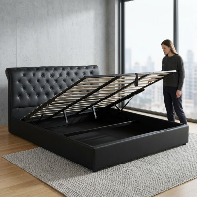 Lit double de designer Chesterfield de luxe noir Rembourrage Bed