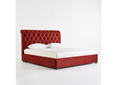 Chambre à coucher royale en rouge avec lit double Chesterfield, lits rembourrés au design de luxe.