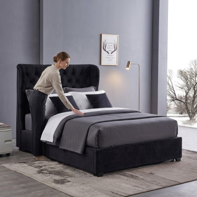 Lit rembourré Chesterfield noir Décoration de chambre de luxe Lits de design en cuir