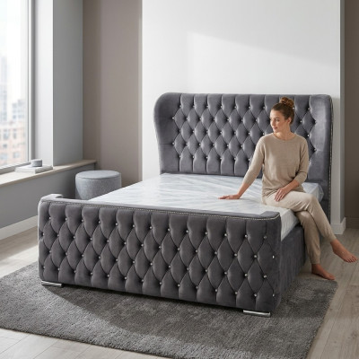 Chesterfield Hôtel Double Lit en Cuir Chambre Rembourrage Lits de Luxe 160x200cm