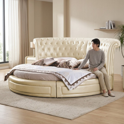 Lit rond Chesterfield Designer Lit rond Chambre Textile en cuir Lits rembourrés
