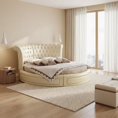 Lit rond Chesterfield Designer Lit rond Chambre Textile en cuir Lits rembourrés