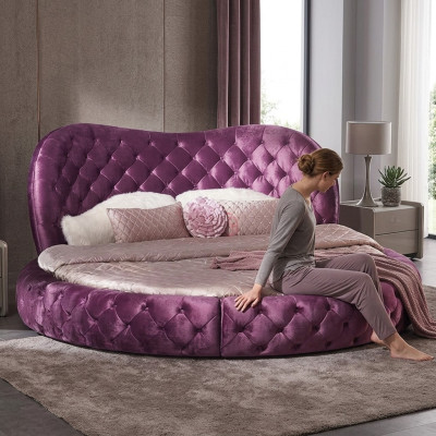 Lit rond de design Chesterfield Chambre Tissu Cuir Rembourrage Violet Rond Luxe