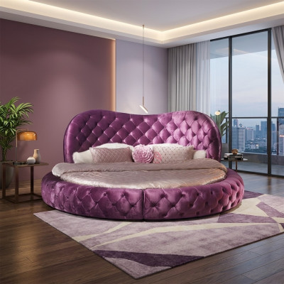 Lit rond de design Chesterfield Chambre Tissu Cuir Rembourrage Violet Rond Luxe