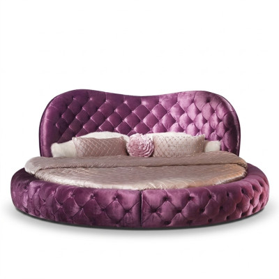 Lit rond de design Chesterfield Chambre Tissu Cuir Rembourrage Violet Rond Luxe