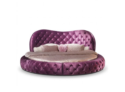 Lit rond de design Chesterfield Chambre Tissu Cuir Rembourrage Violet Rond Luxe