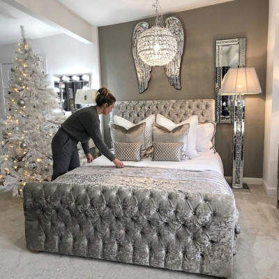 Lit Chesterfield Chambre Lits Textile 180x200cm Velours Grand Hôtel Gris nouveau