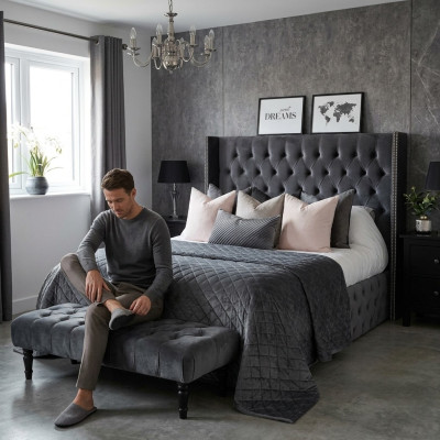 Grand lit en tissu de design Chesterfield Lits doubles design rembourrés en textile