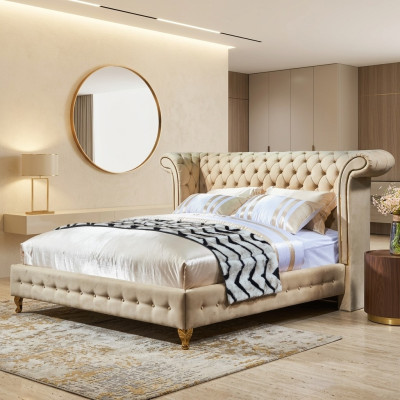 Chesterfield Design Tapisserie lit double beige Anglais 140/160/180x200 cm