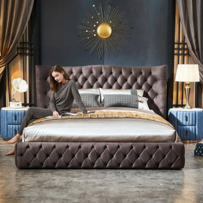 Lit Chesterfield brun Chambre à coucher Lits Textiles Velours Grands Lits d'hôtel