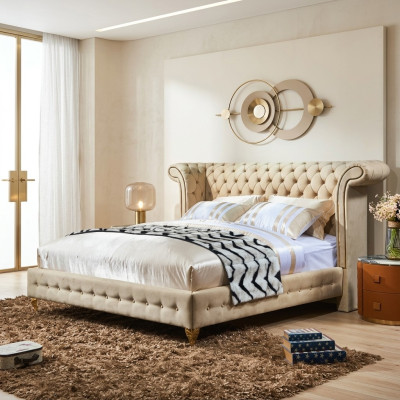 Chambre classique Lit Beige Tissu Revêtement en cuir Lit double 180x200cm