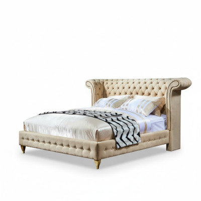 Chambre classique Lit Beige Tissu Revêtement en cuir Lit double 180x200cm