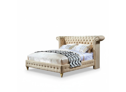 Chambre classique Lit Beige Tissu Revêtement en cuir Lit double 180x200cm