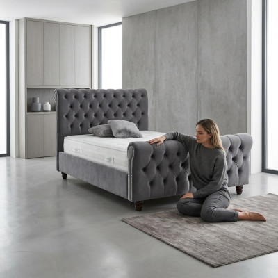 Conception de lit Chesterfield Chambre Design Lits anglais 200x200cm Rembourrage en textile