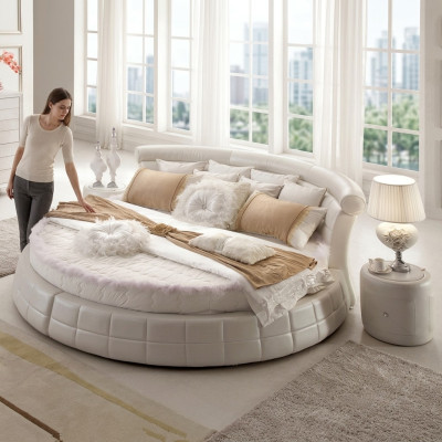 Lits ronds classiques - Lit rond de designer de luxe rembourré en cuir élégant en velours