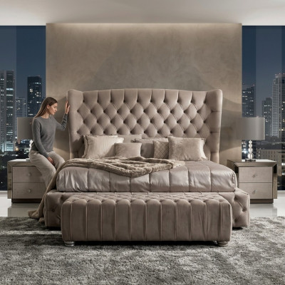 Véritable lit Chesterfield Double Lits d'hôtel Tissu Rembourrage 160x200cm Tissu neuf