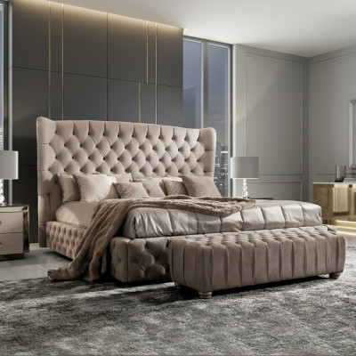 Véritable lit Chesterfield Double Lits d'hôtel Tissu Rembourrage 160x200cm Tissu neuf