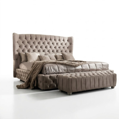 Véritable lit Chesterfield Double Lits d'hôtel Tissu Rembourrage 160x200cm Tissu neuf