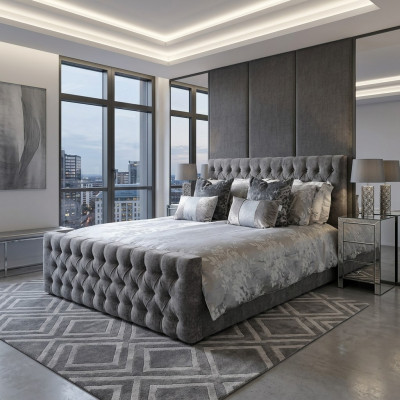 Lit double élégant Chesterfield gris Designer Chambres à coucher Beds