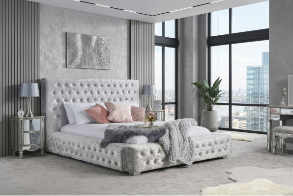 Lit Chesterfield gris avec haut de tête de lit lit double Designer