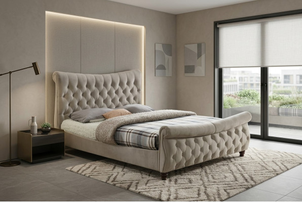 Chesterfield Tissu Revêtement Lit Lits Designer Beige Chambre Double Hôtel
