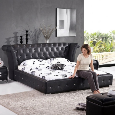 Chesterfield Grand lit XXL Lit contre lits capitonné Hôtel Velours Noir Tissu Oreilles