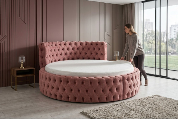 Lit rond en velours Chesterfield Luxe Rembourrage Rond Lits Tissu Textile Hôtel neuf
