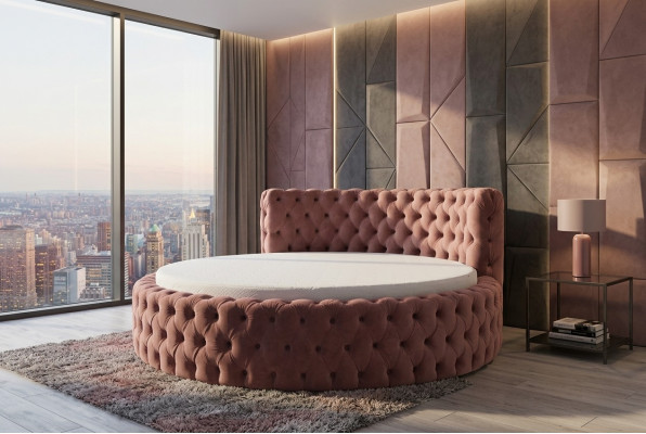 Lit rond en velours Chesterfield Luxe Rembourrage Rond Lits Tissu Textile Hôtel neuf