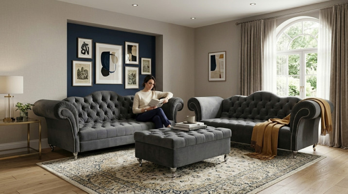 Ensemble de canapé 3+2 places + Tabouret Canapé Chesterfield Tissu Canapé en cuir