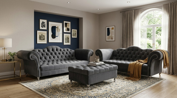 Ensemble de canapé 3+2 places + Tabouret Canapé Chesterfield Tissu Canapé en cuir