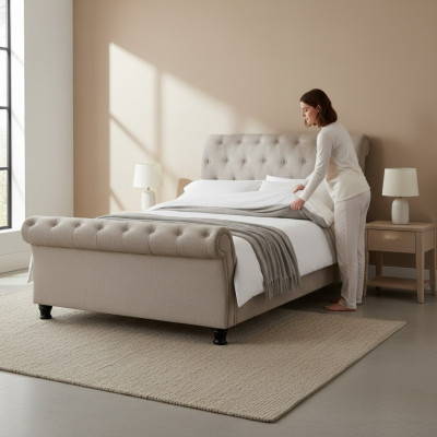 Chesterfield Design Upholstery English Bed Gray 160/180x200 Lit double Lits