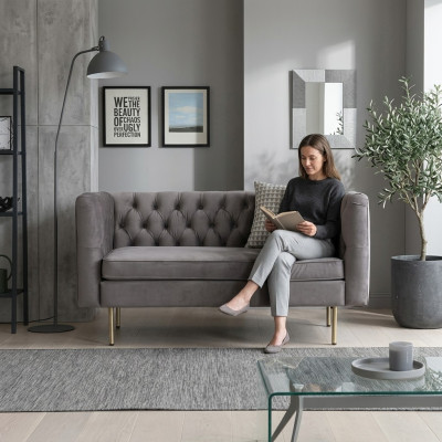 Canapé Chesterfield 2 places, canapé en tissu, canapé rembourré, ensemble d'assise, canapé 2 places, gris.