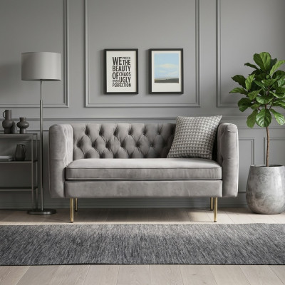 Canapé Chesterfield 2 places, canapé en tissu, canapé rembourré, ensemble d'assise, canapé 2 places, gris.