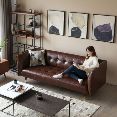 Canapé de salon en cuir luxueux 3 places Chesterfield marron