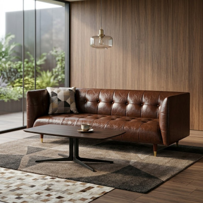Canapé de salon en cuir luxueux 3 places Chesterfield marron