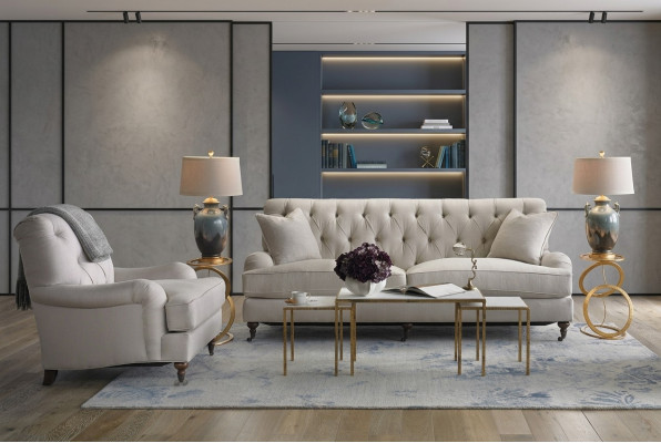 Chesterfield canapé de luxe en tissu rembourré Suite 3 places + 1 canapé