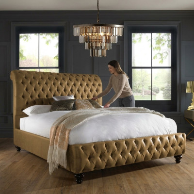 Tissu de velours de luxe en or Angleterre Lit Double Design Chesterfield 160x200cm Lits