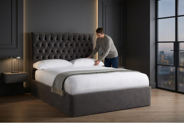 Chesterfield Gris Lit en Velours de Luxe Double Design 180x200cm Lits Neufs