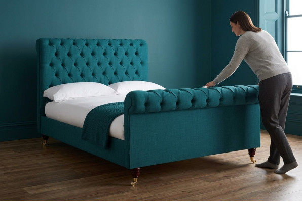 Lit double Chesterfield turquoise, lits rembourrés de chambre à coucher de designer