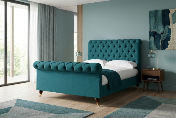 Lit double Chesterfield turquoise, lits rembourrés de chambre à coucher de designer