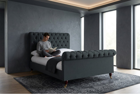 Chesterfield Design Tissu Anglais Lit double noir 140/160/180x200 Lits