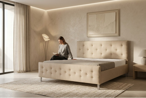 Lit Chesterfield en tissu, lit double de luxe, lit de chambre design, lits neufs.
