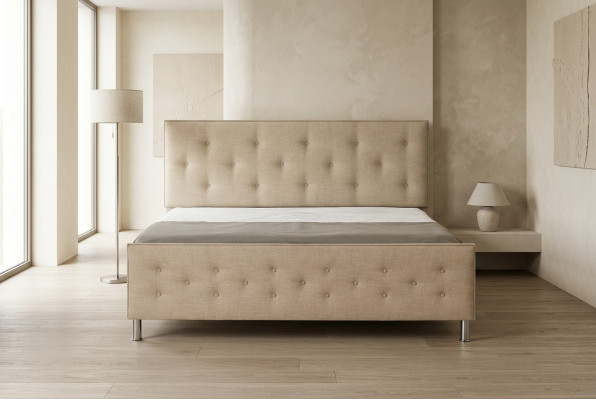 Lit Chesterfield en tissu, lit double de luxe, lit de chambre design, lits neufs.