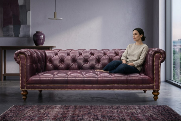 Canapé en cuir Chesterfield marron 3 places, canapé rembourré en cuir.