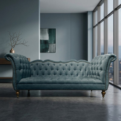 Canapé de luxe anglais Chesterfield en tissu coloré Turquoise bleu et vert.