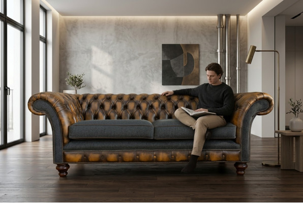 Canapé Chesterfield 3 places en tissu avec revêtement en cuir et trois places