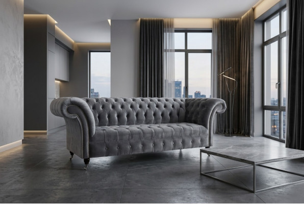 Moderne Chesterfield grau 3-Sitzer Stilvolle Wohnzimmer-3-Sitzer-Couch
