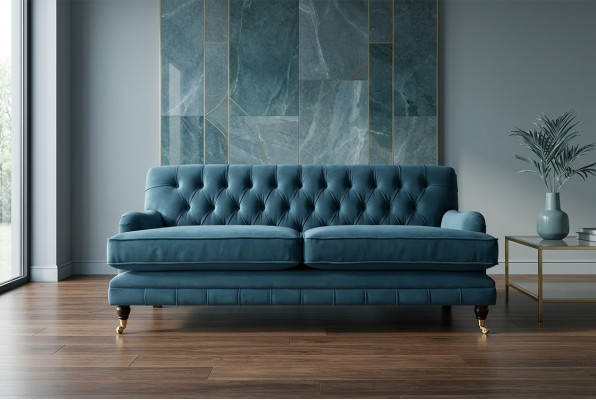 Canapé de luxe bleu moderne Chesterfield trois places, canapé trois places pour le salon